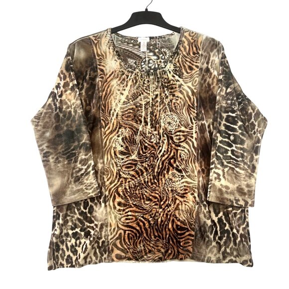 Bhere Tops - Chicos Animal Print 3/4 Sleeve Top With Mixed Patterns Intricate Details Size 3